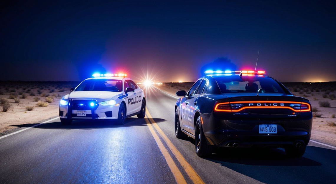 A car pulled over by a police car with flashing lights on a deserted desert road at night